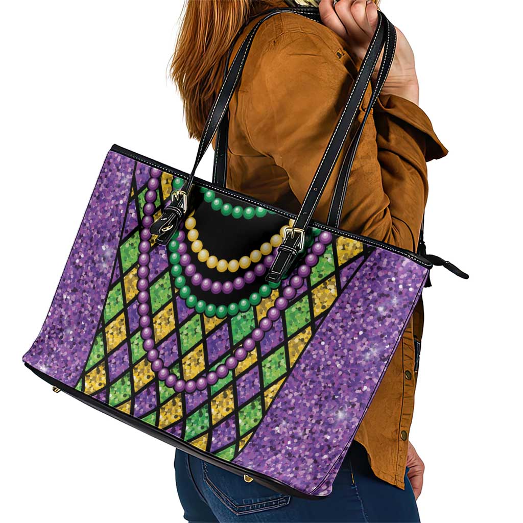 Mardi Gras Strings of Beads Leather Tote Bag