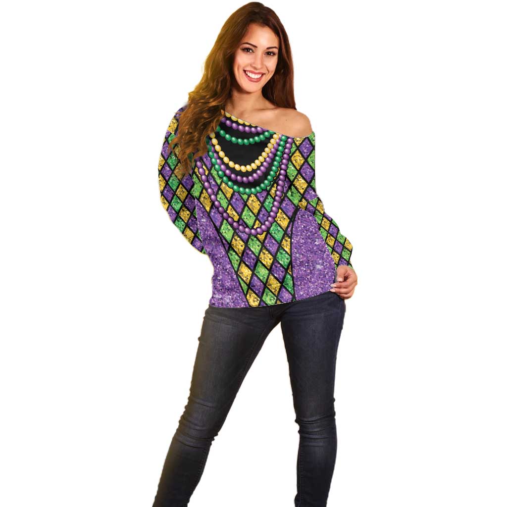 Mardi Gras Strings of Beads Off Shoulder Sweater - Wonder Print Shop