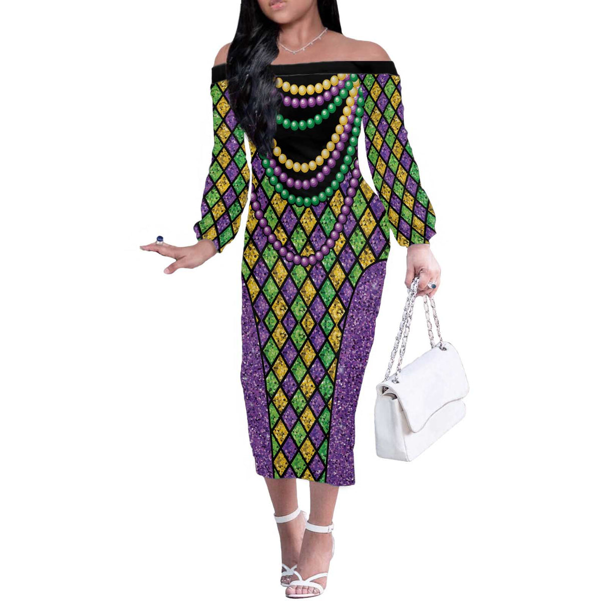 Mardi Gras Strings of Beads Off The Shoulder Long Sleeve Dress - Wonder Print Shop
