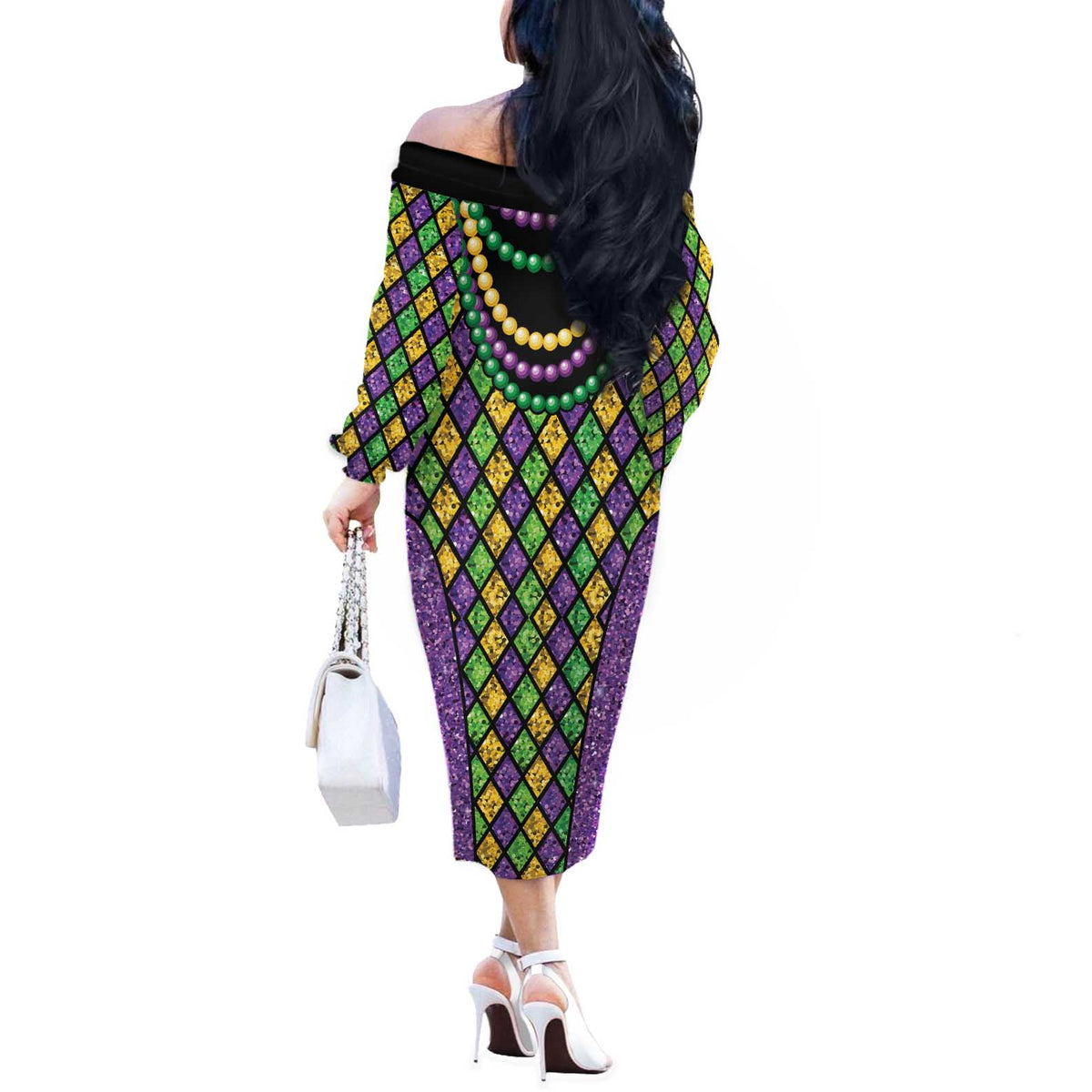 Mardi Gras Strings of Beads Off The Shoulder Long Sleeve Dress - Wonder Print Shop