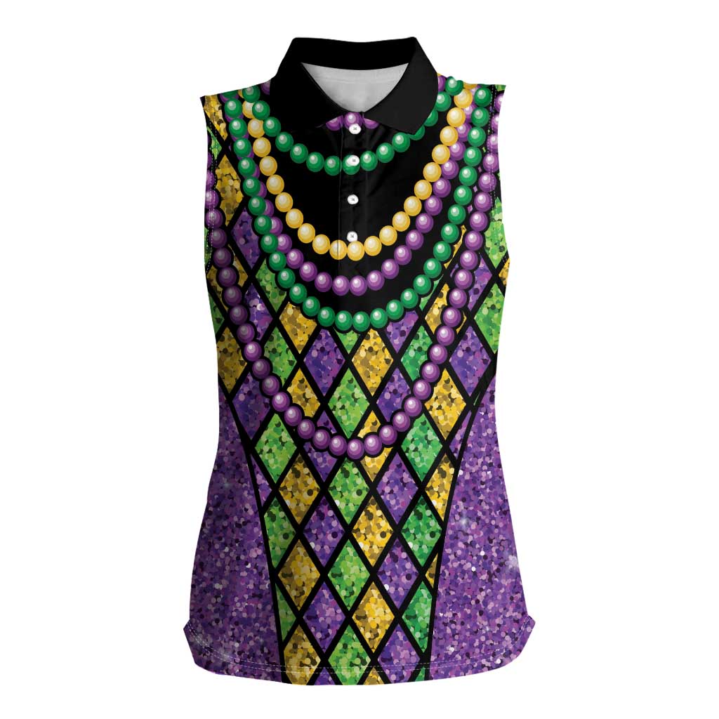 Mardi Gras Strings of Beads Women Sleeveless Polo Shirt - Wonder Print Shop