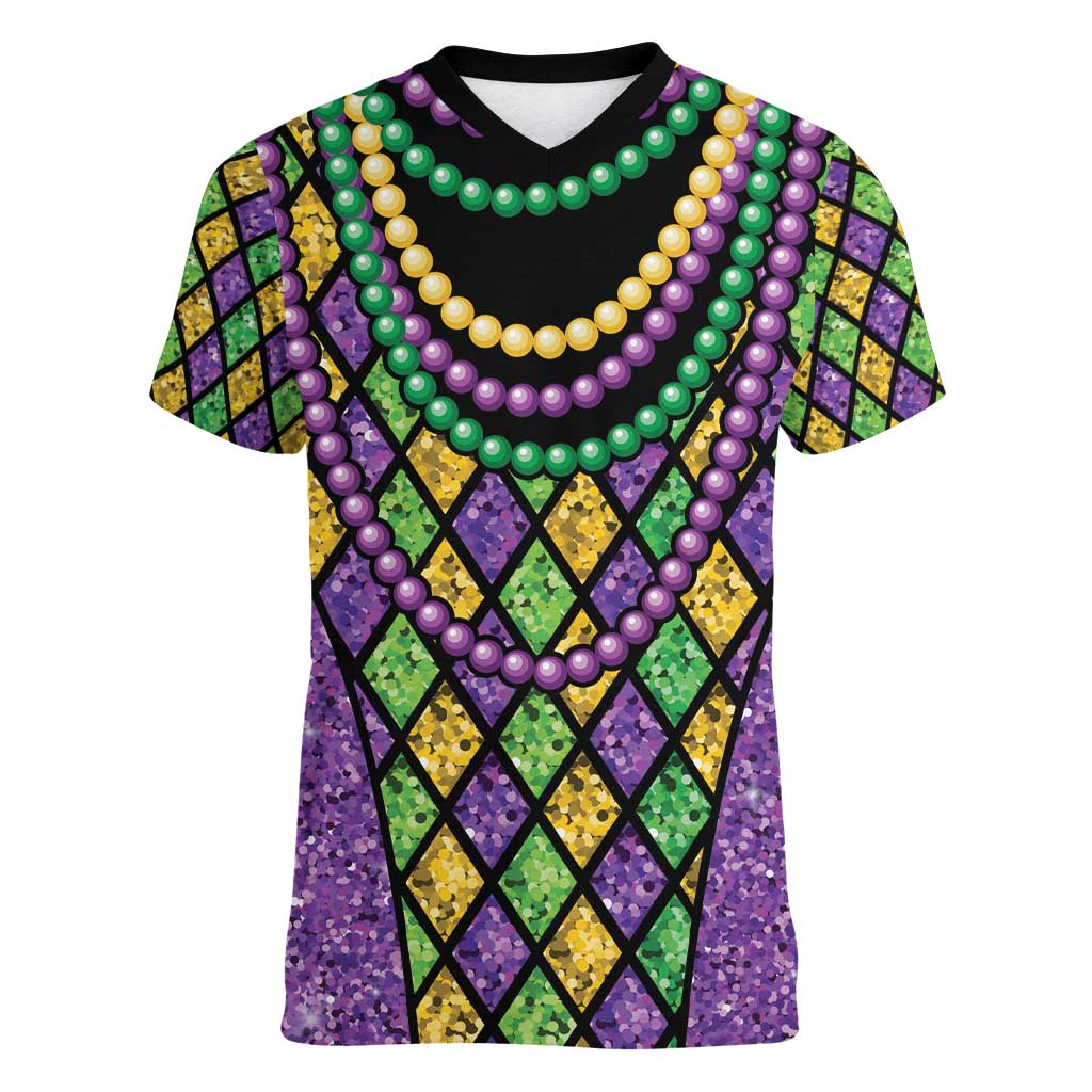 Mardi Gras Strings of Beads Women V-Neck T-Shirt - Wonder Print Shop
