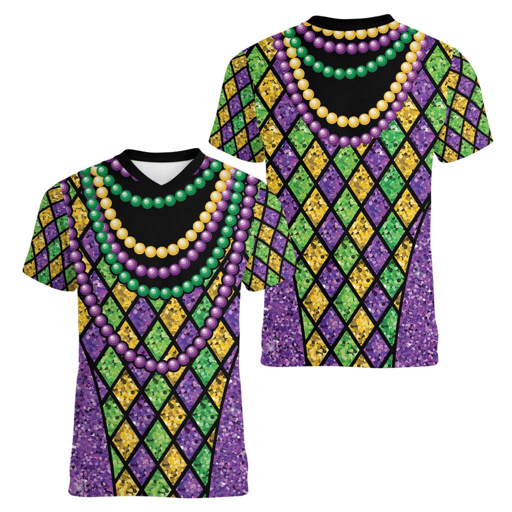 Mardi Gras Strings of Beads Women V-Neck T-Shirt - Wonder Print Shop