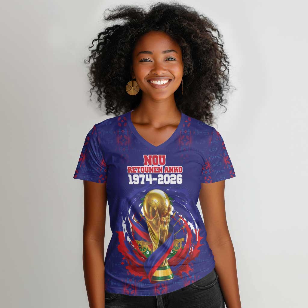 Custom Haiti Grenadye Alaso Women V-Neck T-Shirt Blue Nou Retounen Anko 1974-2026 - Wonder Print Shop