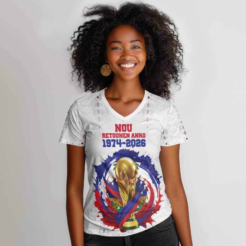Custom Haiti Grenadye Alaso Women V-Neck T-Shirt White Nou Retounen Anko 1974-2026 - Wonder Print Shop