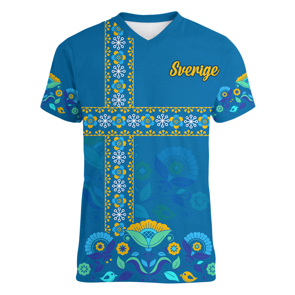 Sweden Women V Neck T Shirt Konungariket Sverige Scandinavian Pattern - Wonder Print Shop
