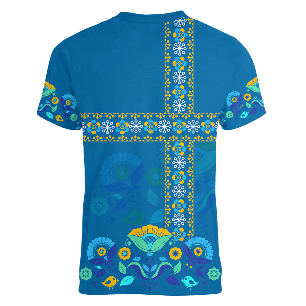 Sweden Women V Neck T Shirt Konungariket Sverige Scandinavian Pattern - Wonder Print Shop