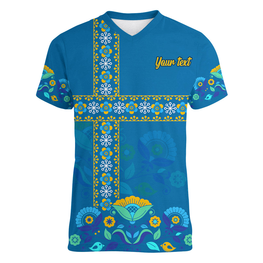 Custom Sweden Women V Neck T Shirt Konungariket Sverige Scandinavian Pattern - Wonder Print Shop