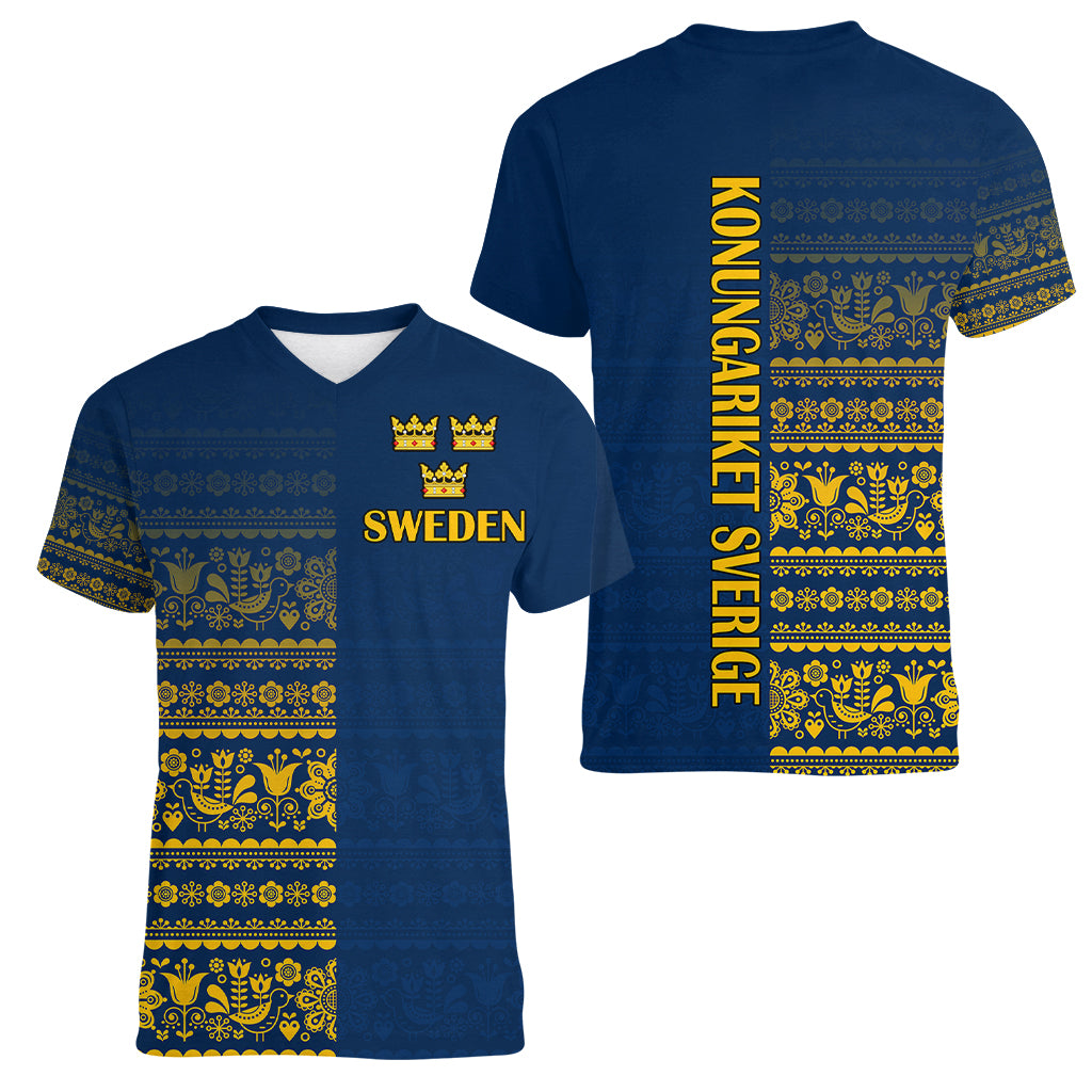 Sweden Tre Kronor Women V Neck T Shirt Sverige With Half Scandinavian Design - Wonder Print Shop