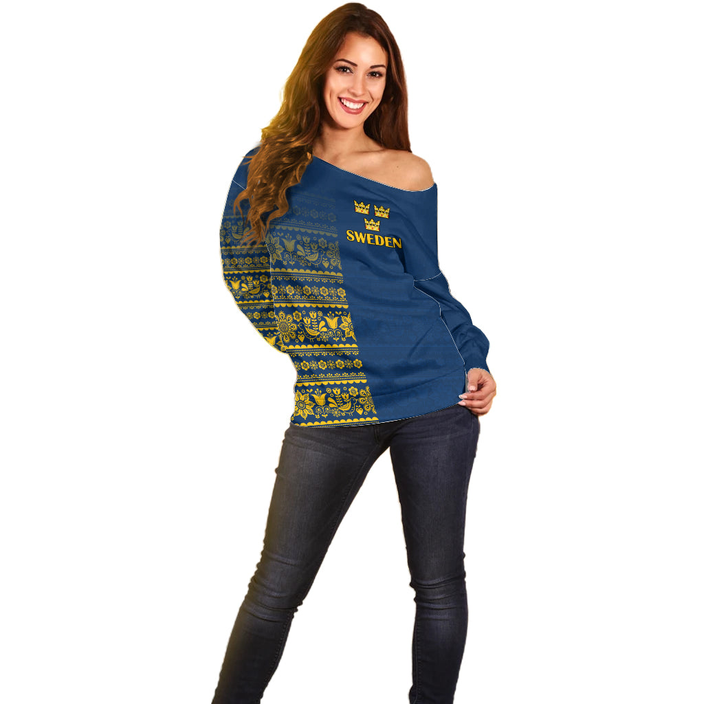 Custom Sweden Tre Kronor Off Shoulder Sweater Sverige With Half Scandinavian Design - Wonder Print Shop