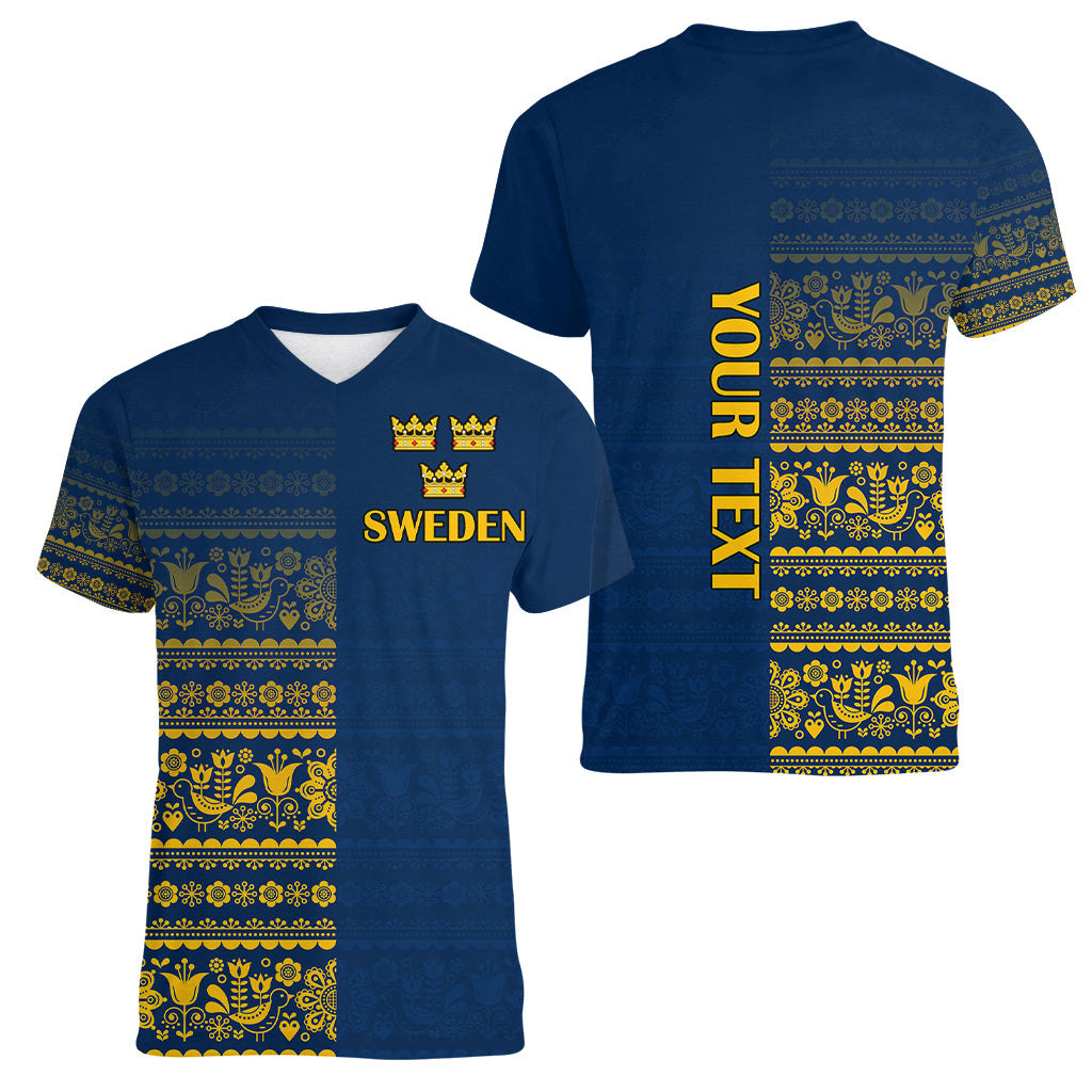 Custom Sweden Tre Kronor Women V Neck T Shirt Sverige With Half Scandinavian Design - Wonder Print Shop