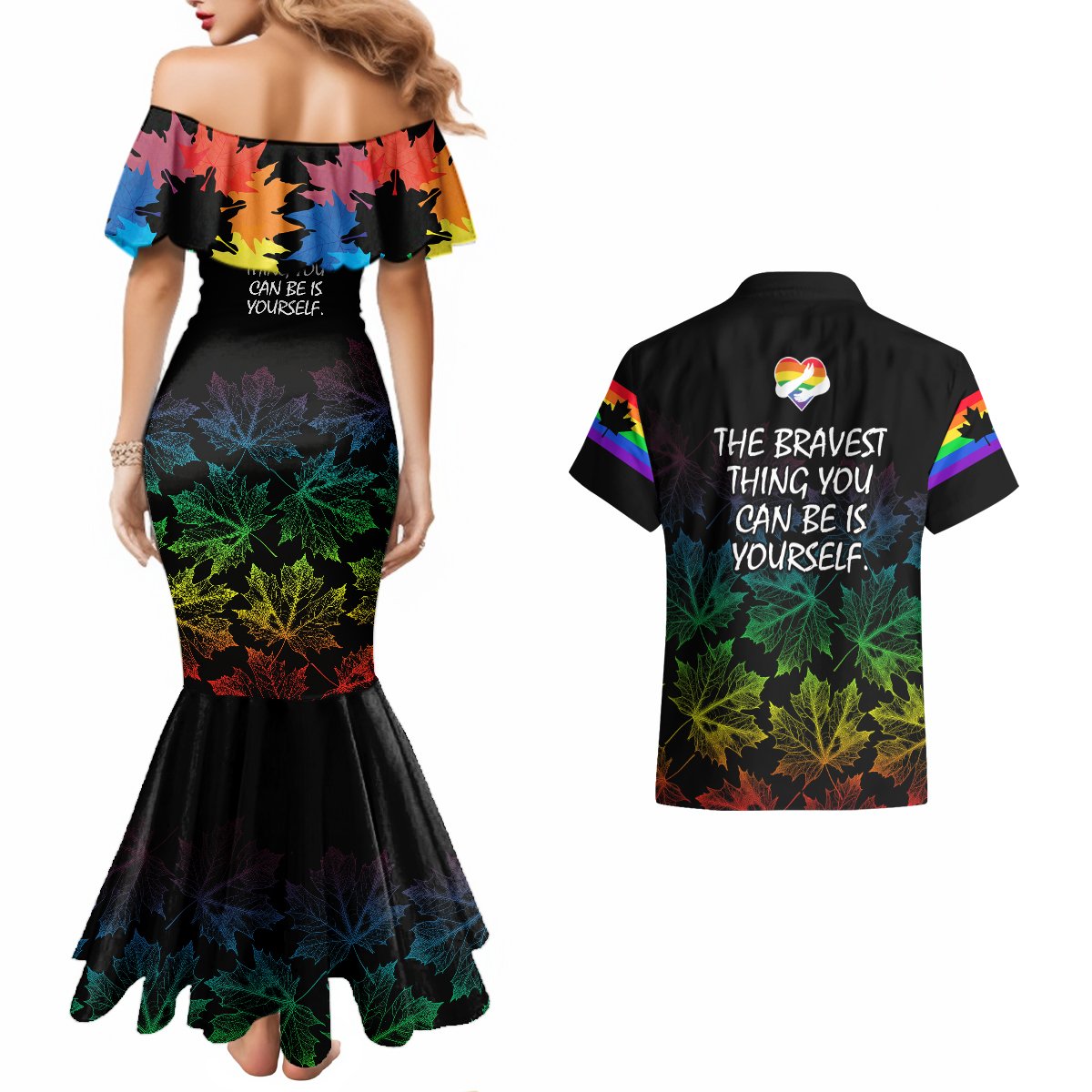 Canada LGBT History Month Couples Matching Mermaid Dress And Hawaiian Shirt Hugging Rainbow Maple Leaves LT9 - Wonder Print Shop