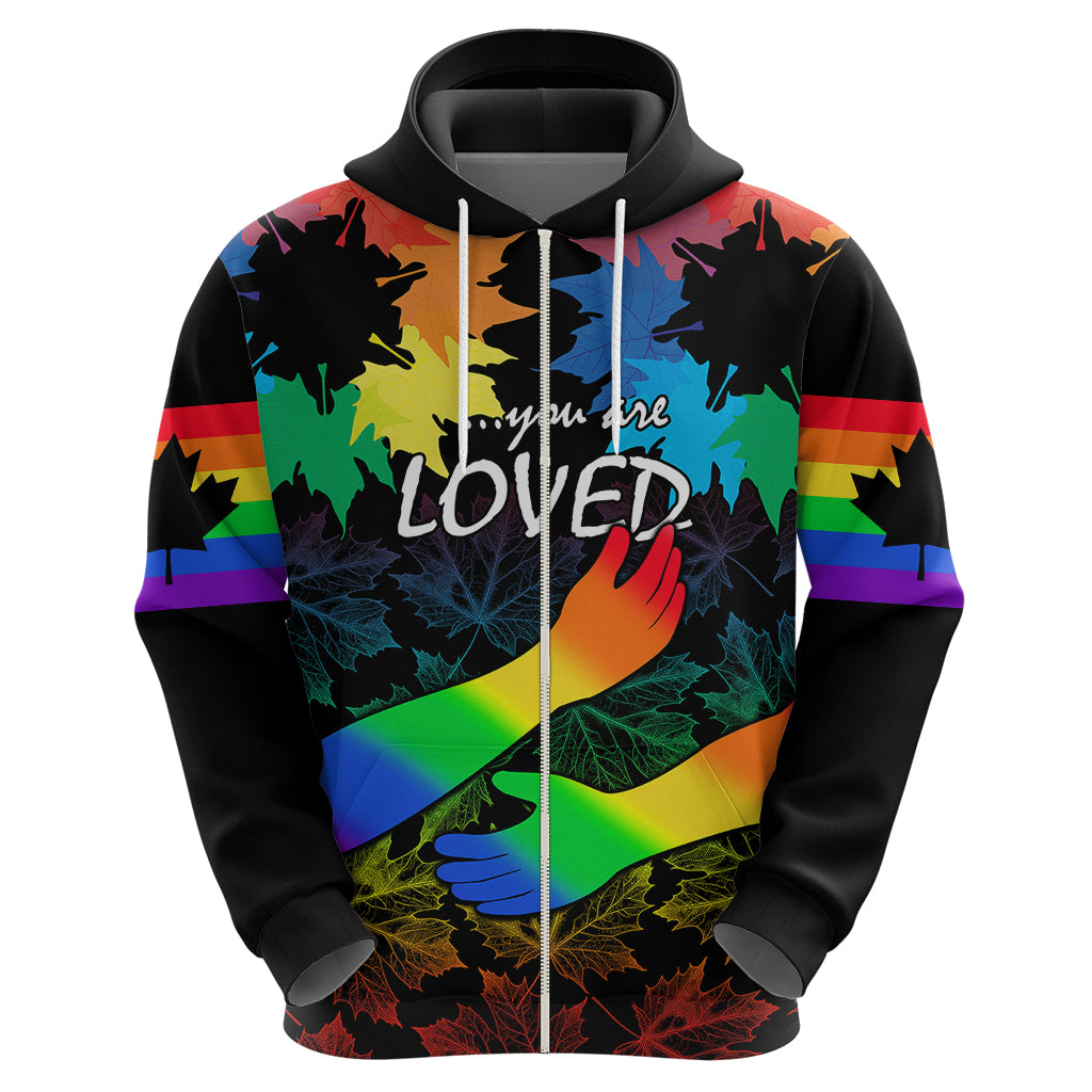 Canada LGBT History Month Hoodie Hugging Rainbow Maple Leaves - Wonder Print Shop