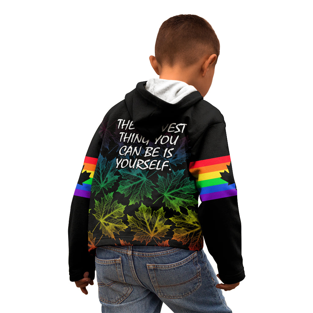 Canada LGBT History Month Kid Hoodie Hugging Rainbow Maple Leaves - Wonder Print Shop