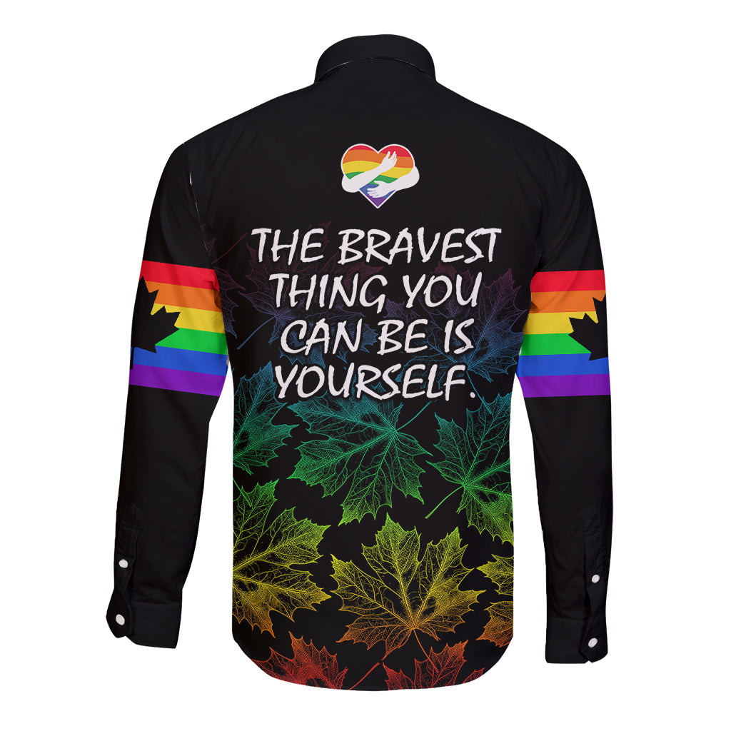 Canada LGBT History Month Long Sleeve Button Shirt Hugging Rainbow Maple Leaves - Wonder Print Shop