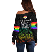 Canada LGBT History Month Off Shoulder Sweater Hugging Rainbow Maple Leaves - Wonder Print Shop