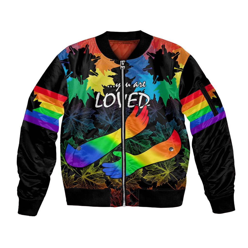 Canada LGBT History Month Sleeve Zip Bomber Jacket Hugging Rainbow Maple Leaves - Wonder Print Shop