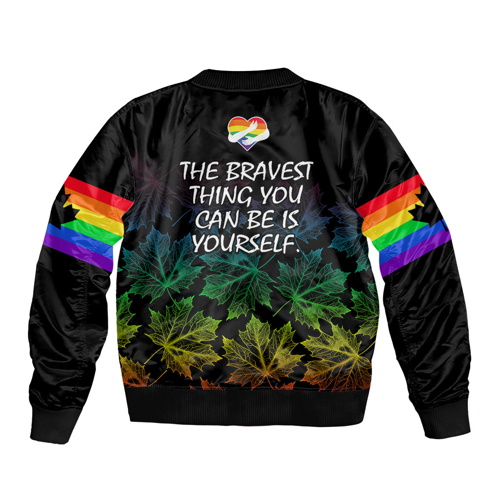 Canada LGBT History Month Sleeve Zip Bomber Jacket Hugging Rainbow Maple Leaves - Wonder Print Shop