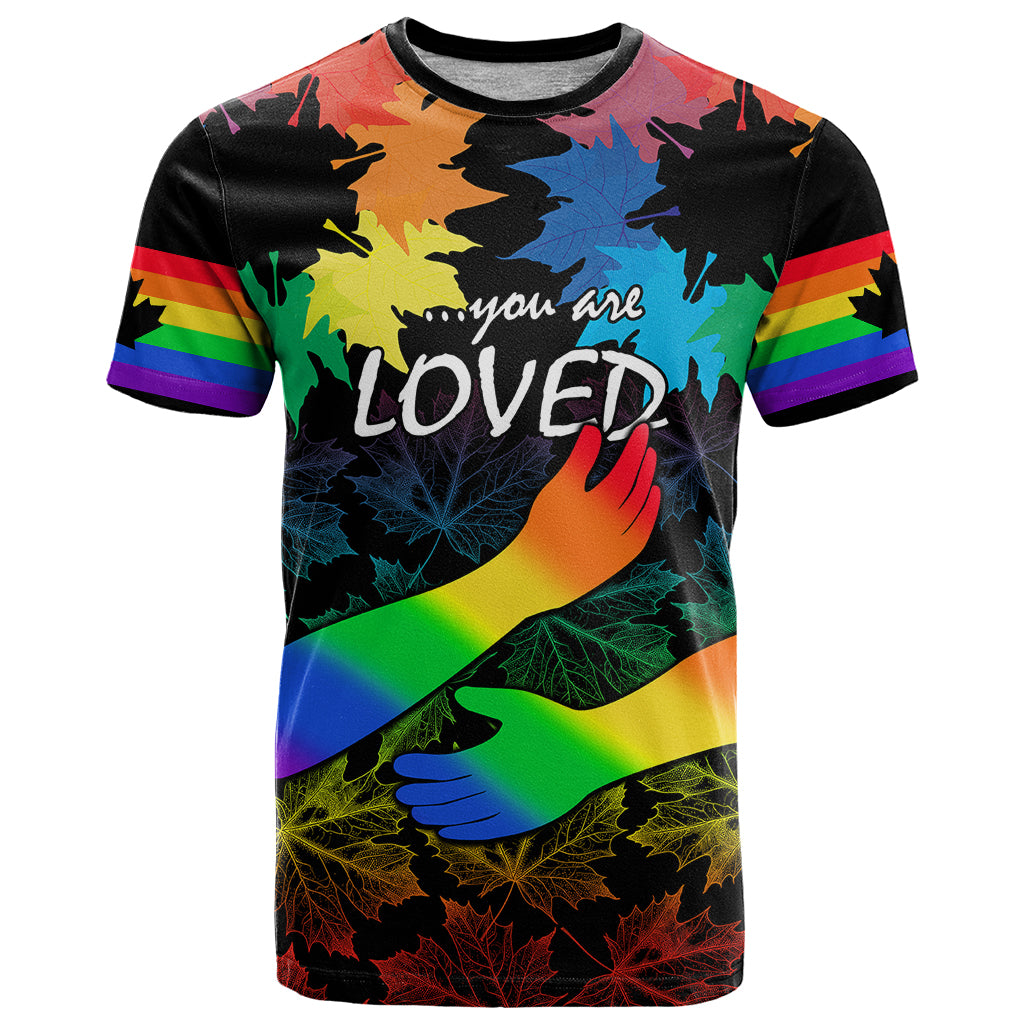 Canada LGBT History Month T Shirt Hugging Rainbow Maple Leaves - Wonder Print Shop