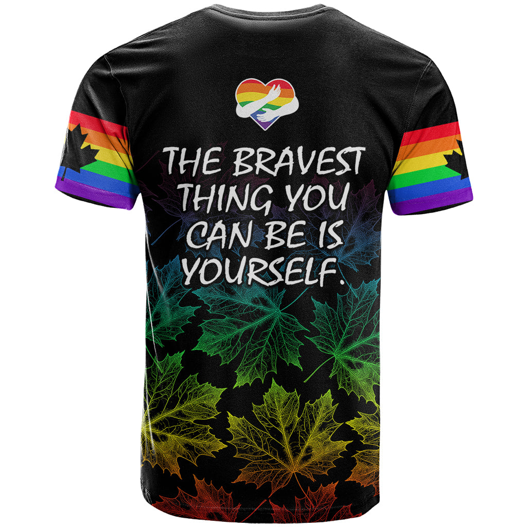 Canada LGBT History Month T Shirt Hugging Rainbow Maple Leaves - Wonder Print Shop