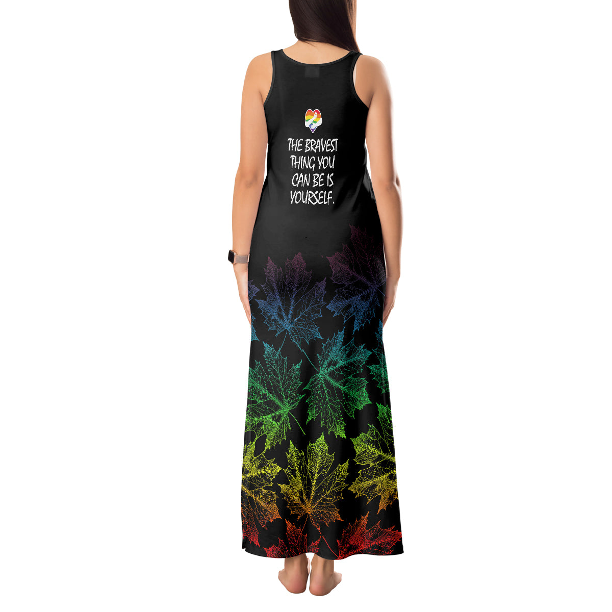 Canada LGBT History Month Tank Maxi Dress Hugging Rainbow Maple Leaves - Wonder Print Shop
