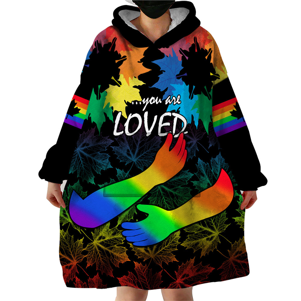 Canada LGBT History Month Wearable Blanket Hoodie Hugging Rainbow Maple Leaves - Wonder Print Shop