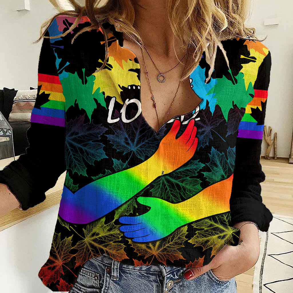 Canada LGBT History Month Women Casual Shirt Hugging Rainbow Maple Leaves - Wonder Print Shop