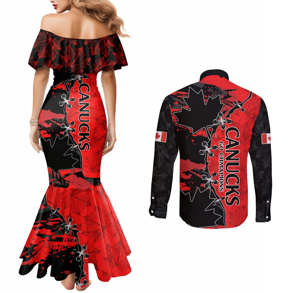 canada-womens-soccer-couples-matching-mermaid-dress-and-long-sleeve-button-shirts-go-canucks-maple-leaf-2023