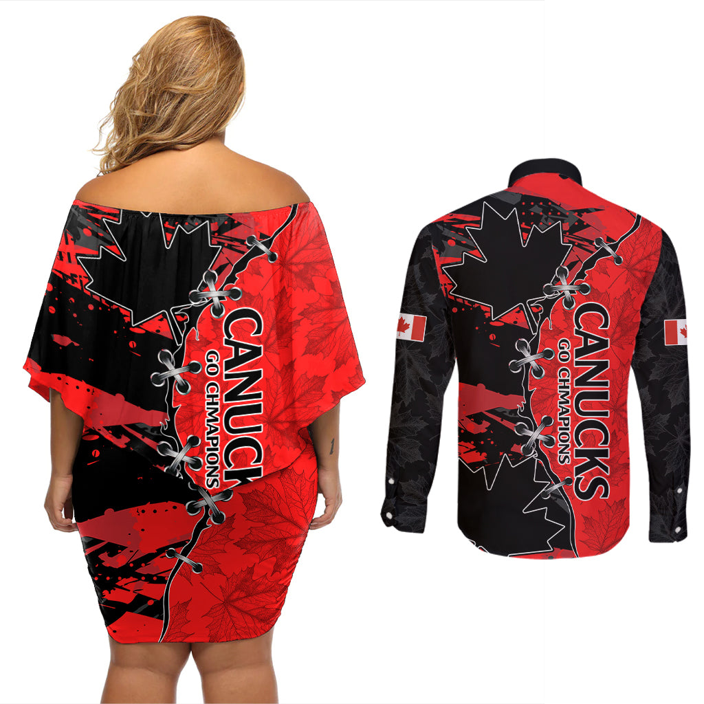 Canada Womens Soccer Couples Matching Off Shoulder Short Dress and Long Sleeve Button Shirts Go Canucks Maple Leaf 2023 LT9 - Wonder Print Shop