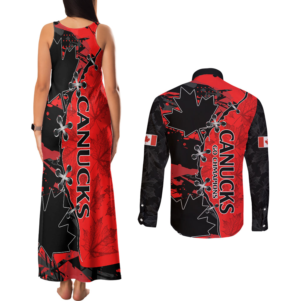 Canada Womens Soccer Couples Matching Tank Maxi Dress and Long Sleeve Button Shirts Go Canucks Maple Leaf 2023 LT9 - Wonder Print Shop