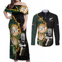 South Africa Protea and New Zealand Couples Matching Off Shoulder Maxi Dress and Long Sleeve Button Shirts Go All Black-Springboks Rugby with Kente And Maori LT9 - Wonder Print Shop