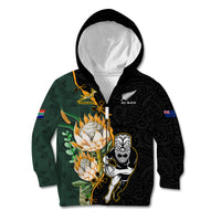 South Africa Protea and New Zealand Kid Hoodie Go All Black-Springboks Rugby with Kente And Maori - Wonder Print Shop