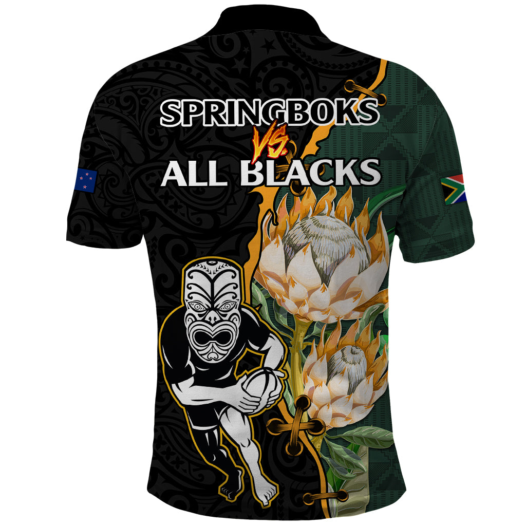 South Africa Protea and New Zealand Polo Shirt Go All Black-Springboks Rugby with Kente And Maori - Wonder Print Shop