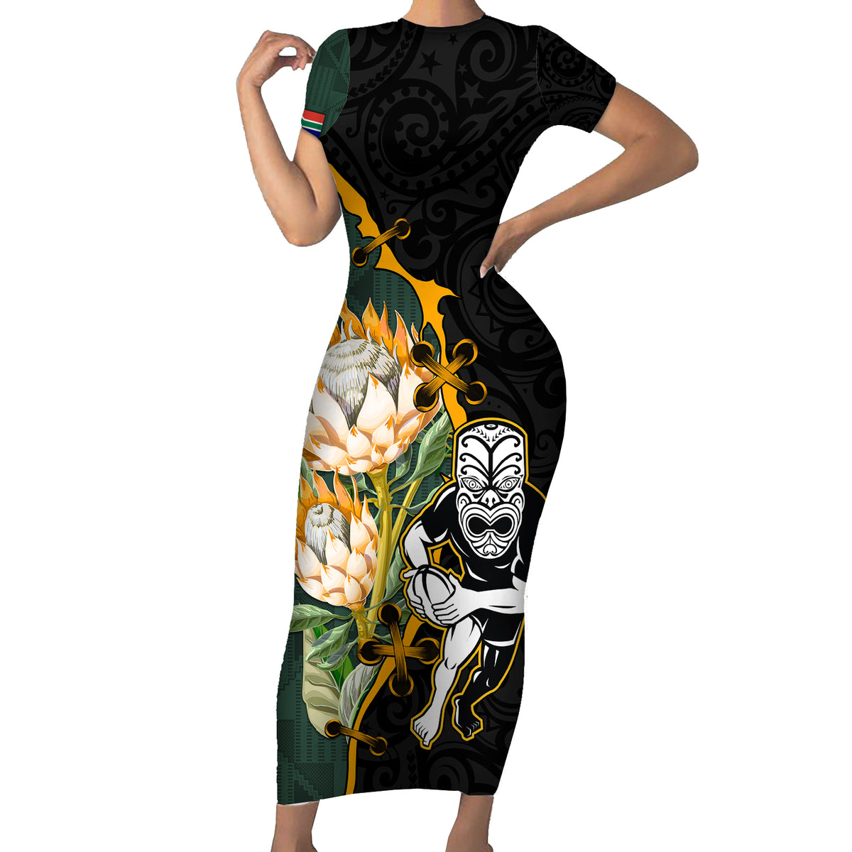 South Africa Protea and New Zealand Short Sleeve Bodycon Dress Go All Black-Springboks Rugby with Kente And Maori - Wonder Print Shop