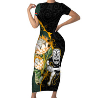 South Africa Protea and New Zealand Short Sleeve Bodycon Dress Go All Black-Springboks Rugby with Kente And Maori - Wonder Print Shop