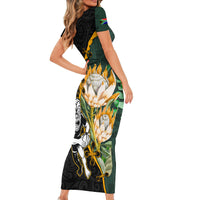 South Africa Protea and New Zealand Short Sleeve Bodycon Dress Go All Black-Springboks Rugby with Kente And Maori - Wonder Print Shop