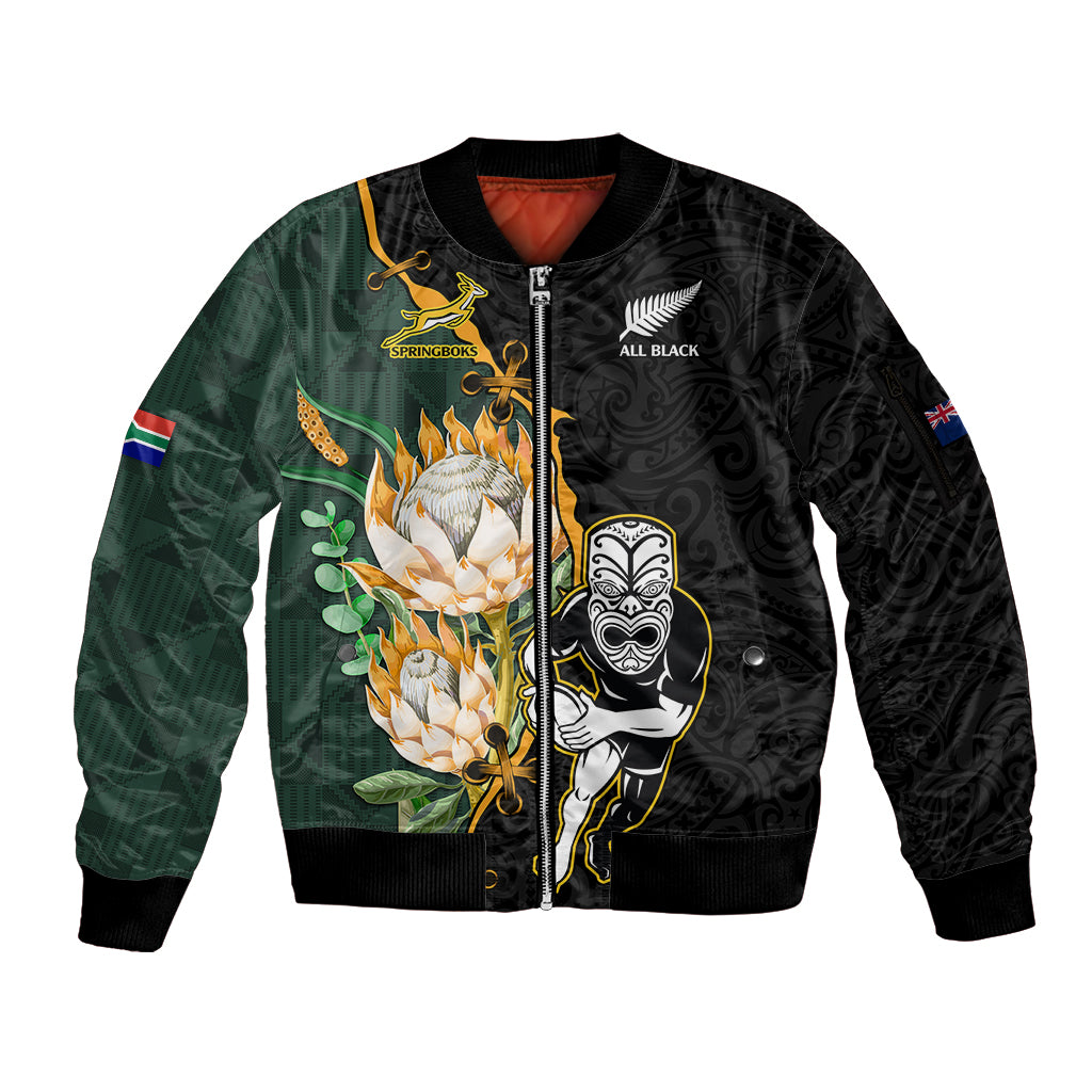 South Africa Protea and New Zealand Sleeve Zip Bomber Jacket Go All Black-Springboks Rugby with Kente And Maori - Wonder Print Shop