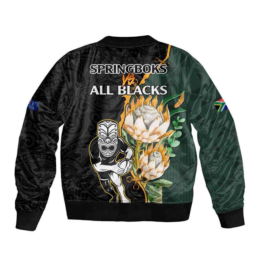 South Africa Protea and New Zealand Sleeve Zip Bomber Jacket Go All Black-Springboks Rugby with Kente And Maori - Wonder Print Shop