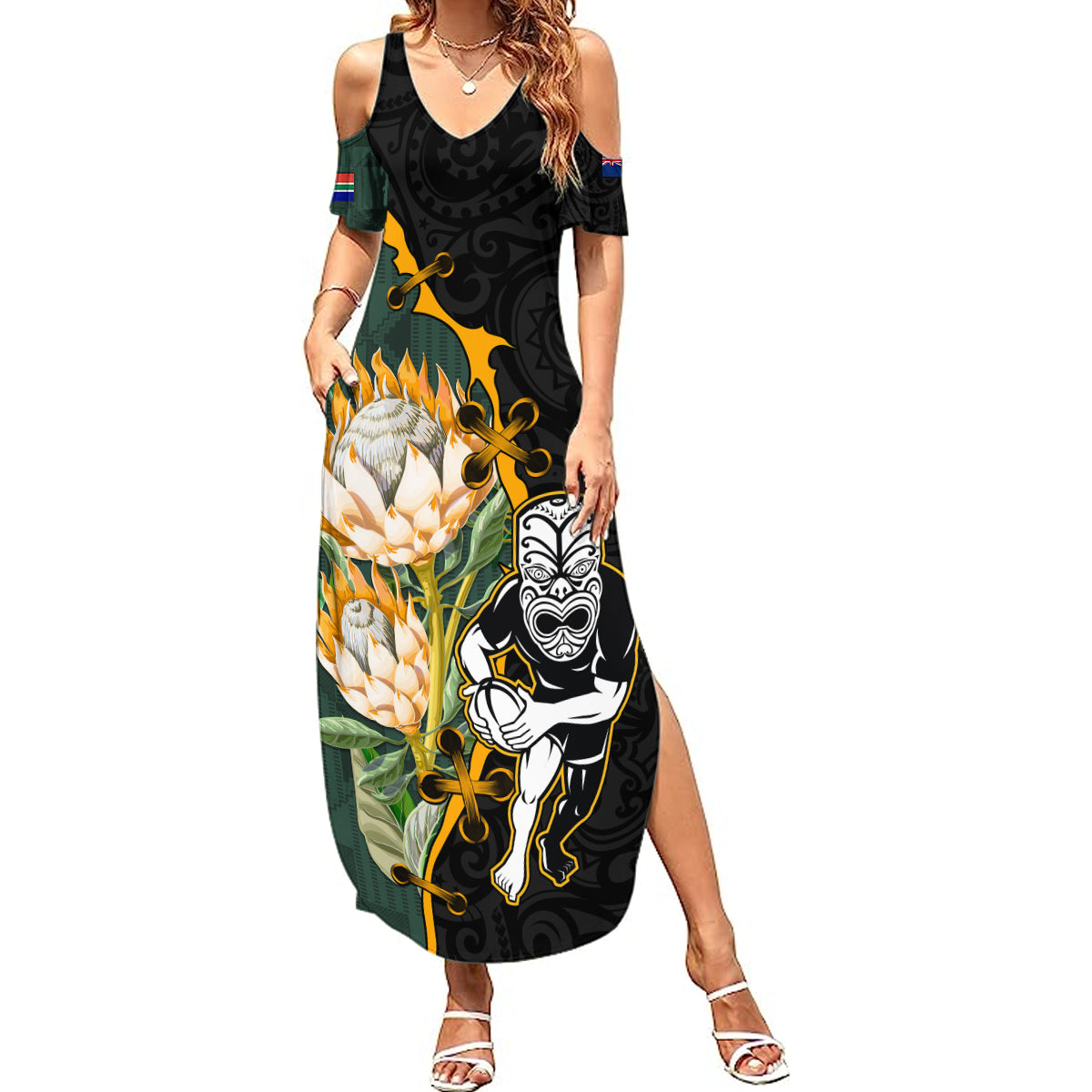 South Africa Protea and New Zealand Summer Maxi Dress Go All Black-Springboks Rugby with Kente And Maori - Wonder Print Shop