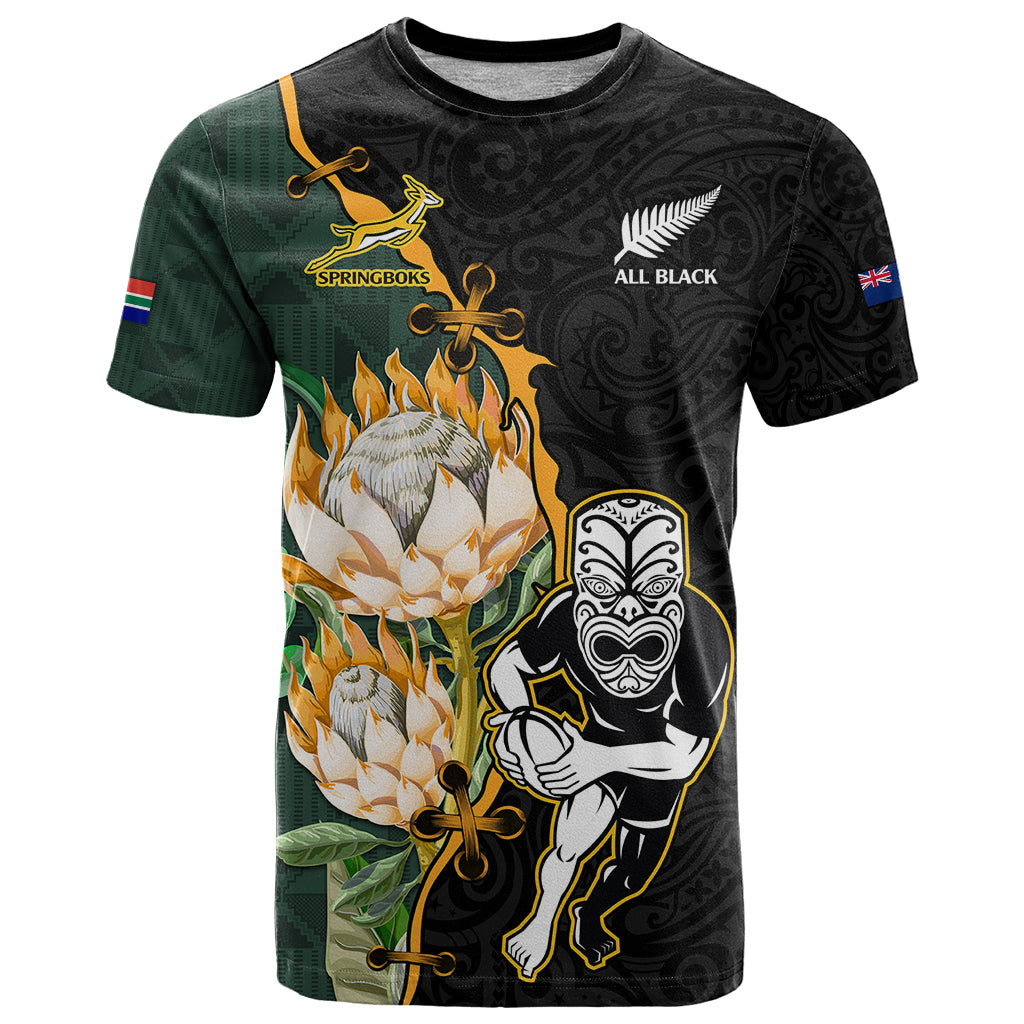 South Africa Protea and New Zealand T Shirt Go All Black-Springboks Rugby with Kente And Maori - Wonder Print Shop