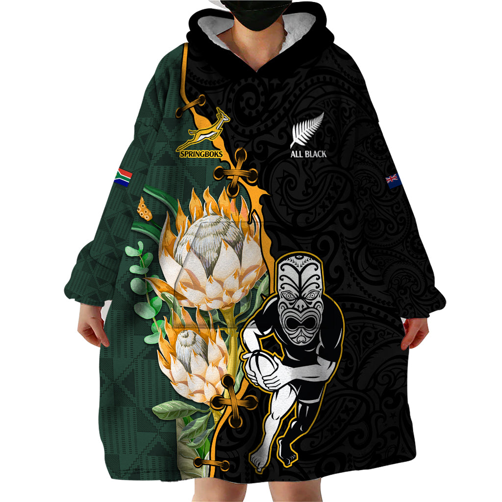 South Africa Protea and New Zealand Wearable Blanket Hoodie Go All Black-Springboks Rugby with Kente And Maori - Wonder Print Shop