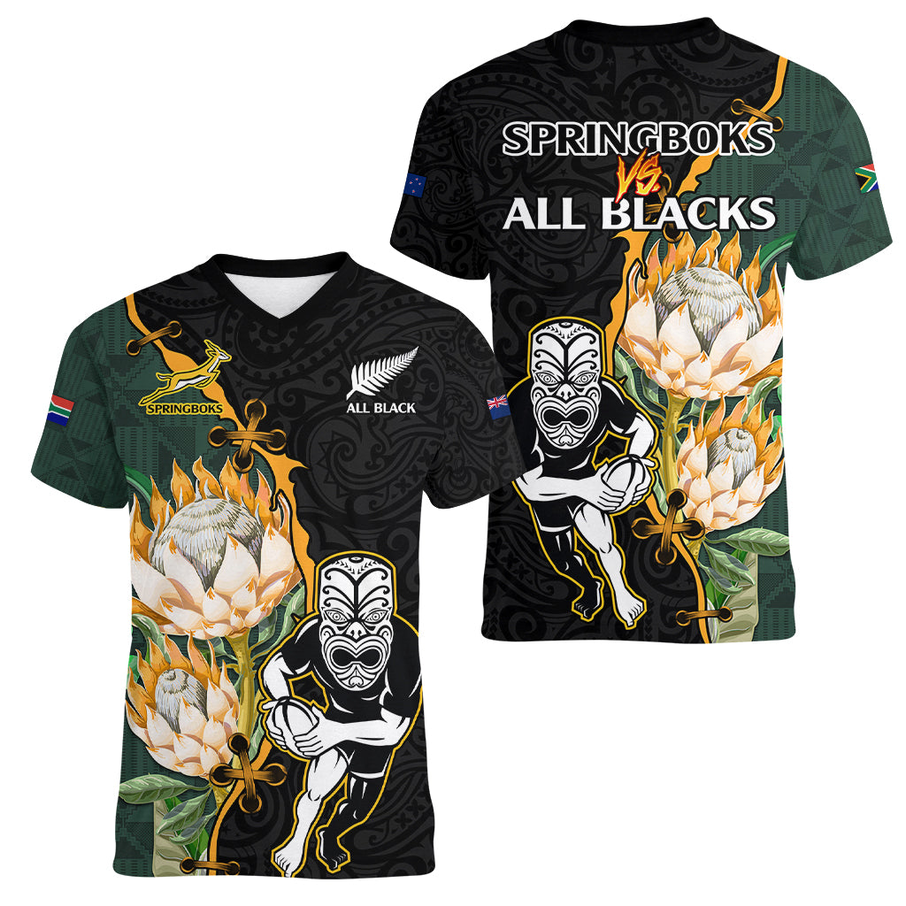 South Africa Protea and New Zealand Women V Neck T Shirt Go All Black-Springboks Rugby with Kente And Maori - Wonder Print Shop