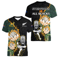 South Africa Protea and New Zealand Women V Neck T Shirt Go All Black-Springboks Rugby with Kente And Maori - Wonder Print Shop