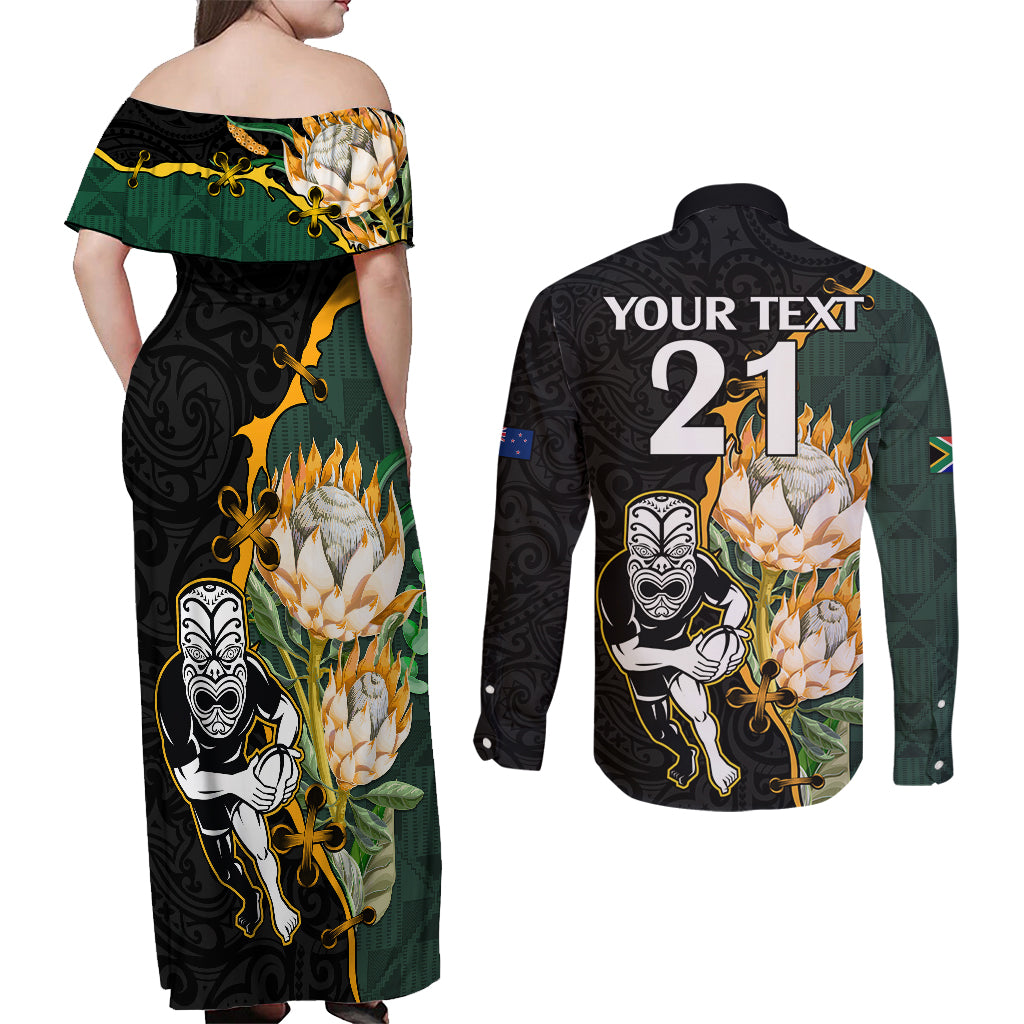 Custom South Africa Protea and New Zealand Couples Matching Off Shoulder Maxi Dress and Long Sleeve Button Shirts Go All Black-Springboks Rugby with Kente And Maori LT9 - Wonder Print Shop