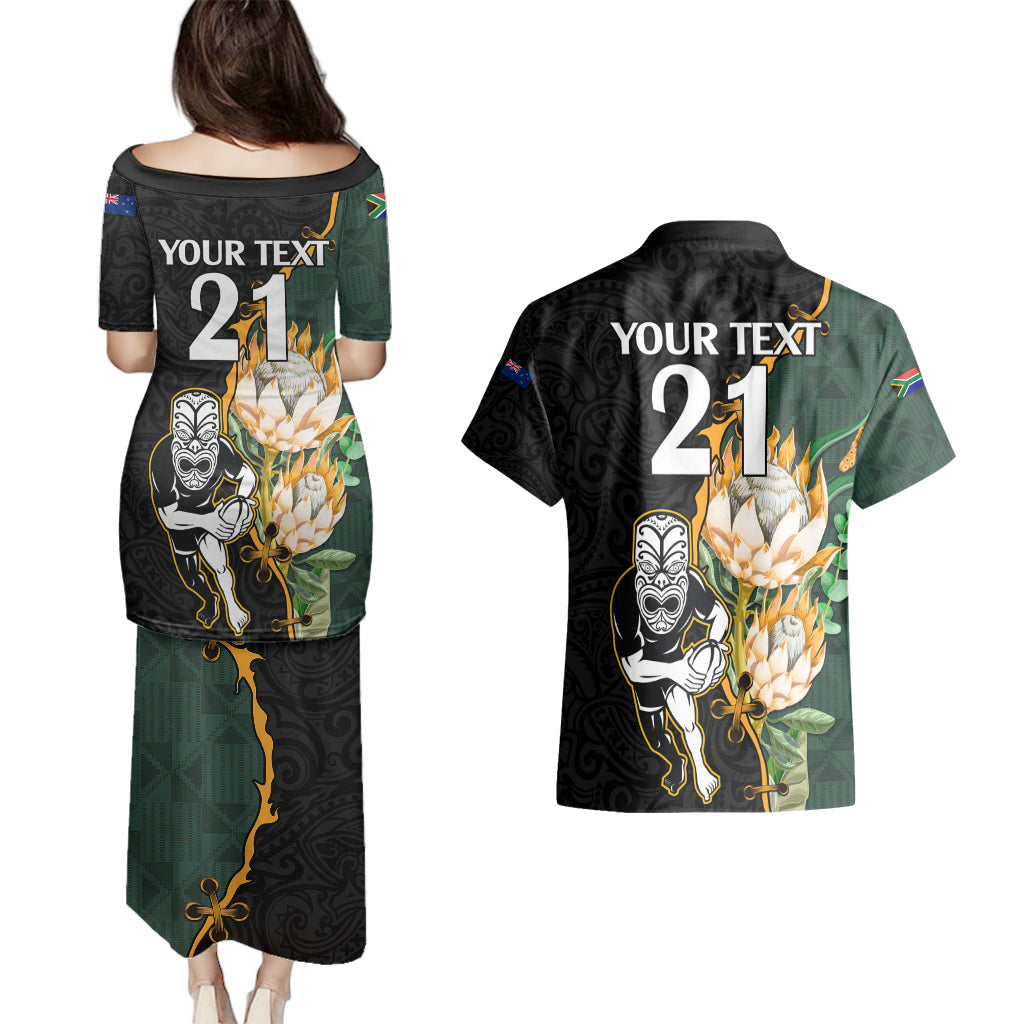 Custom South Africa Protea and New Zealand Couples Matching Puletasi Dress and Hawaiian Shirt Go All Black-Springboks Rugby with Kente And Maori LT9 - Wonder Print Shop