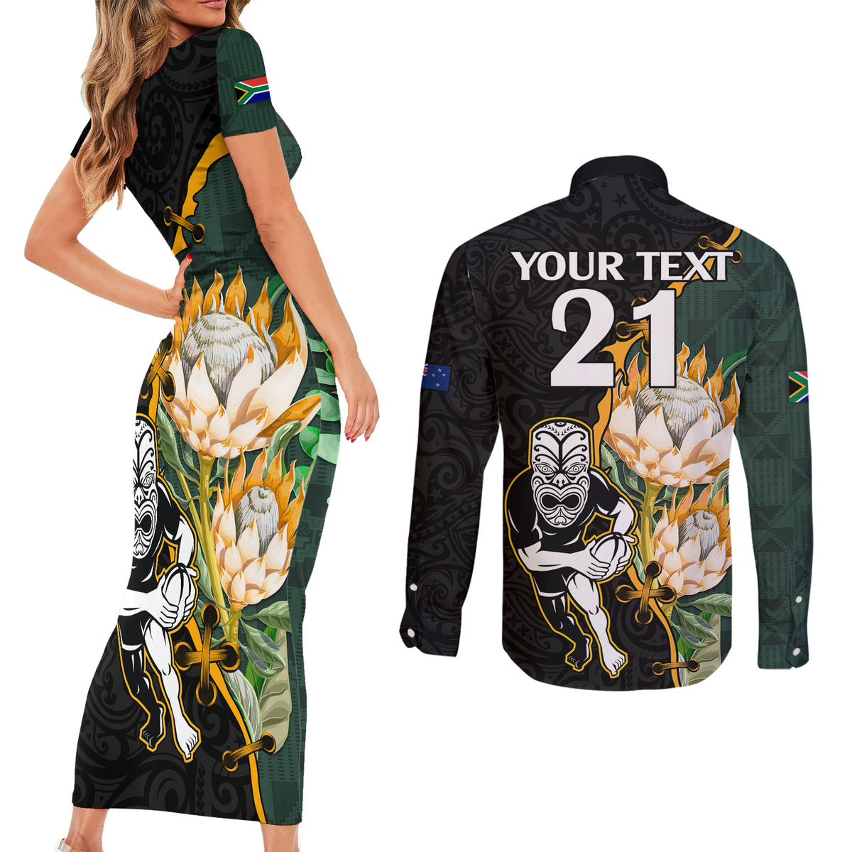 Custom South Africa Protea and New Zealand Couples Matching Short Sleeve Bodycon Dress and Long Sleeve Button Shirts Go All Black-Springboks Rugby with Kente And Maori LT9 - Wonder Print Shop