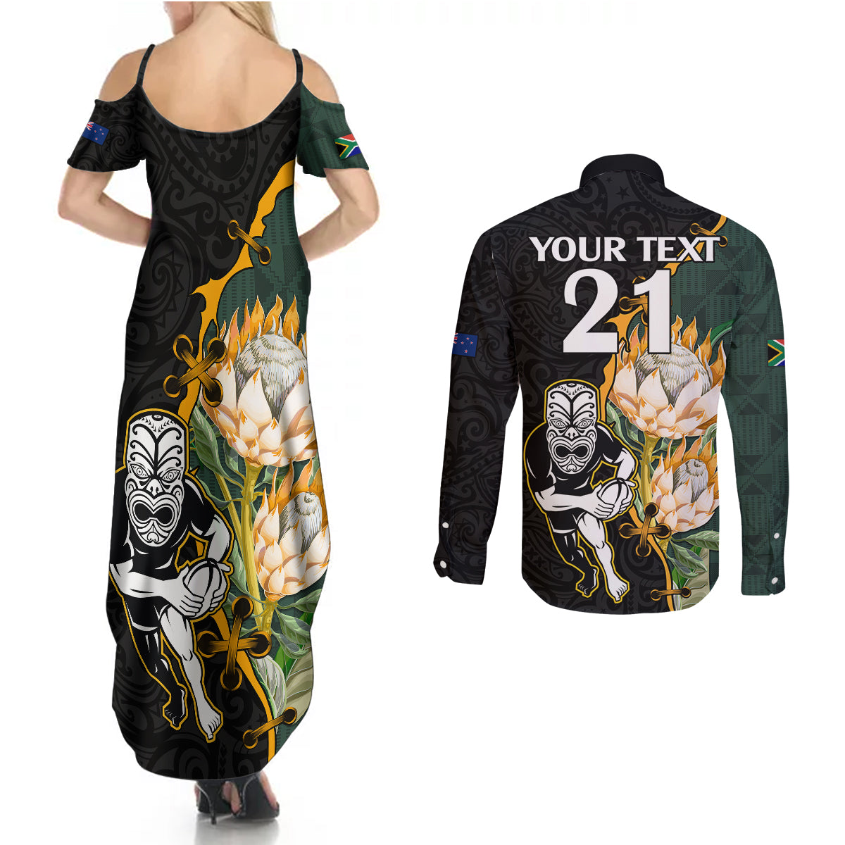 Custom South Africa Protea and New Zealand Couples Matching Summer Maxi Dress and Long Sleeve Button Shirts Go All Black-Springboks Rugby with Kente And Maori LT9 - Wonder Print Shop