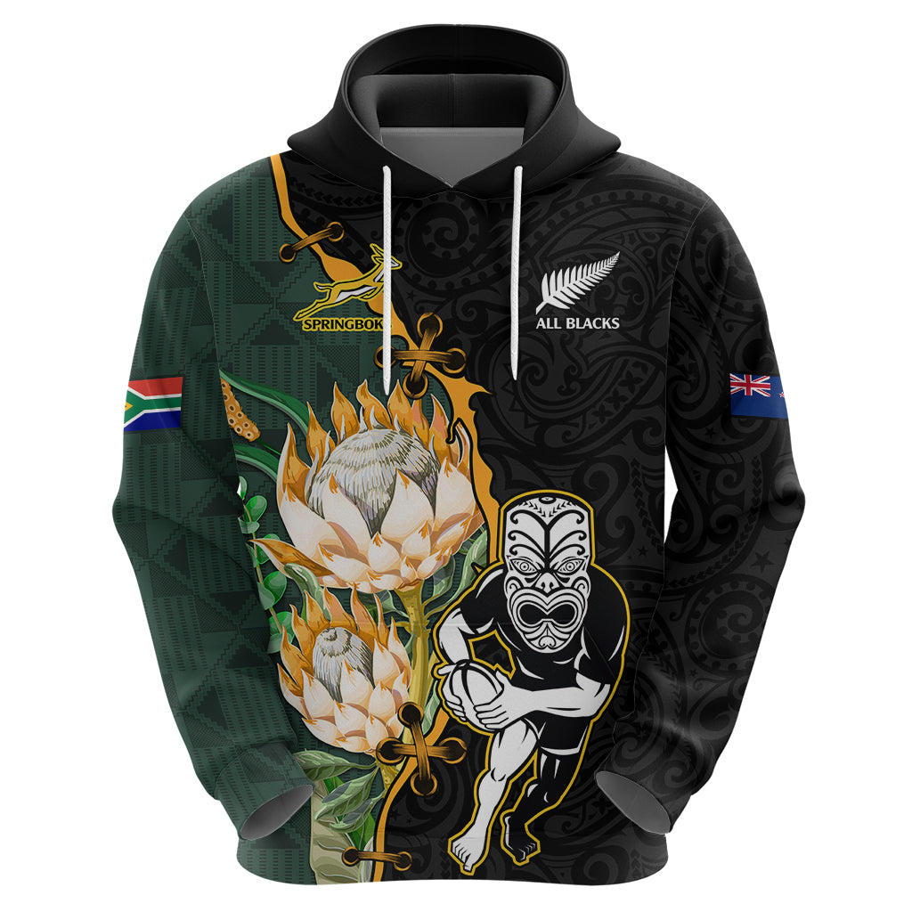 Custom South Africa Protea and New Zealand Hoodie Dress Go All Black-Springboks Rugby with Kente And Maori - Wonder Print Shop