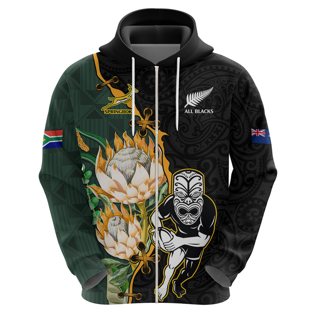 Custom South Africa Protea and New Zealand Hoodie Dress Go All Black-Springboks Rugby with Kente And Maori - Wonder Print Shop