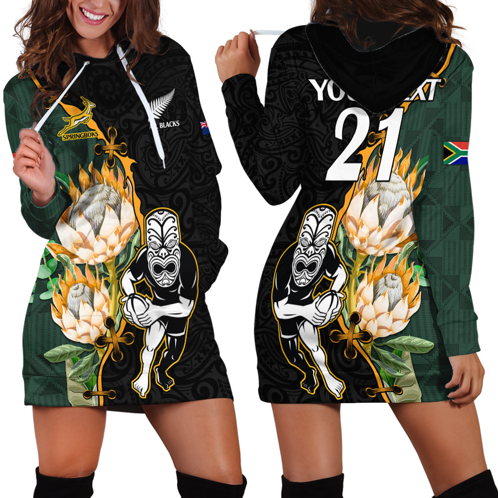 Custom South Africa Protea and New Zealand Hoodie Go All Black-Springboks Rugby with Kente And Maori - Wonder Print Shop